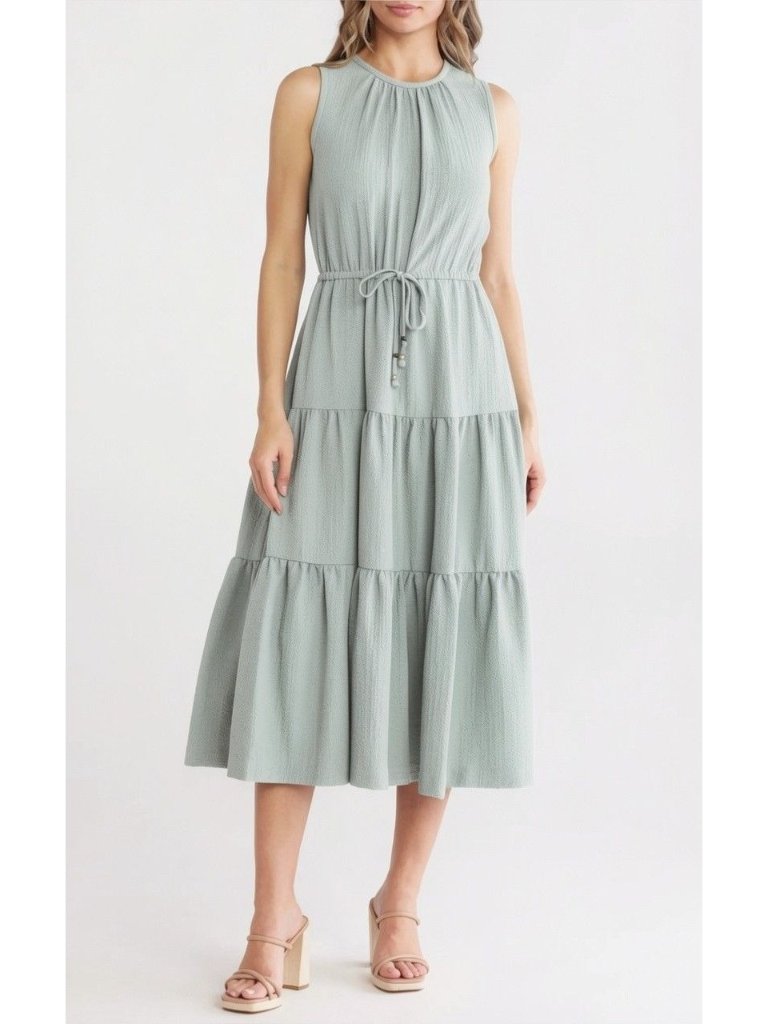 Calvin Klein Light Green Sleeveless Tiered Midi Dress Size 16 Drawstring Waist